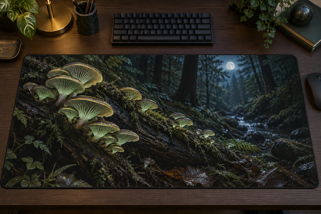 Fan-shaped gilled mushrooms on a mossy log beside a receding moonlit forest printed on a flat desk mat