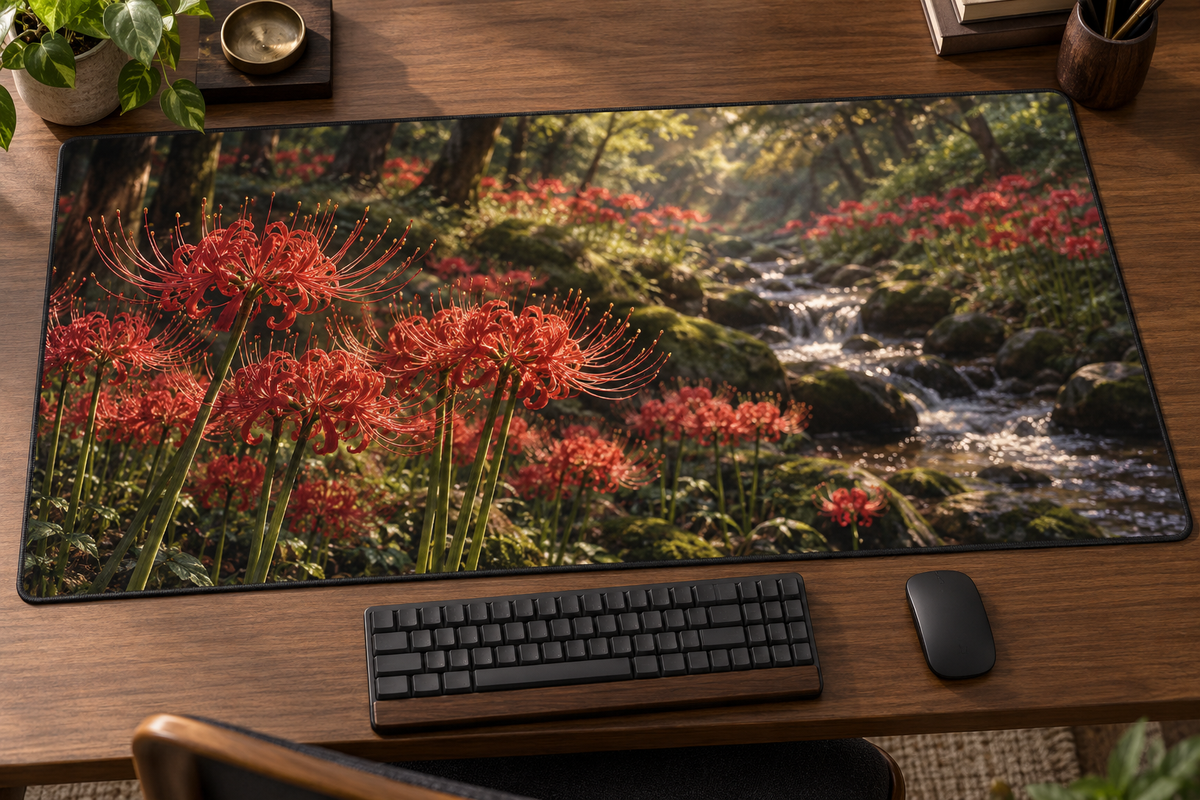 Scarlet red spider lily umbels with long curved stamens beside woodland stream printed on a complete flat desk mat