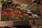 Scarlet red spider lily umbels with long curved stamens beside woodland stream printed on a complete flat desk mat