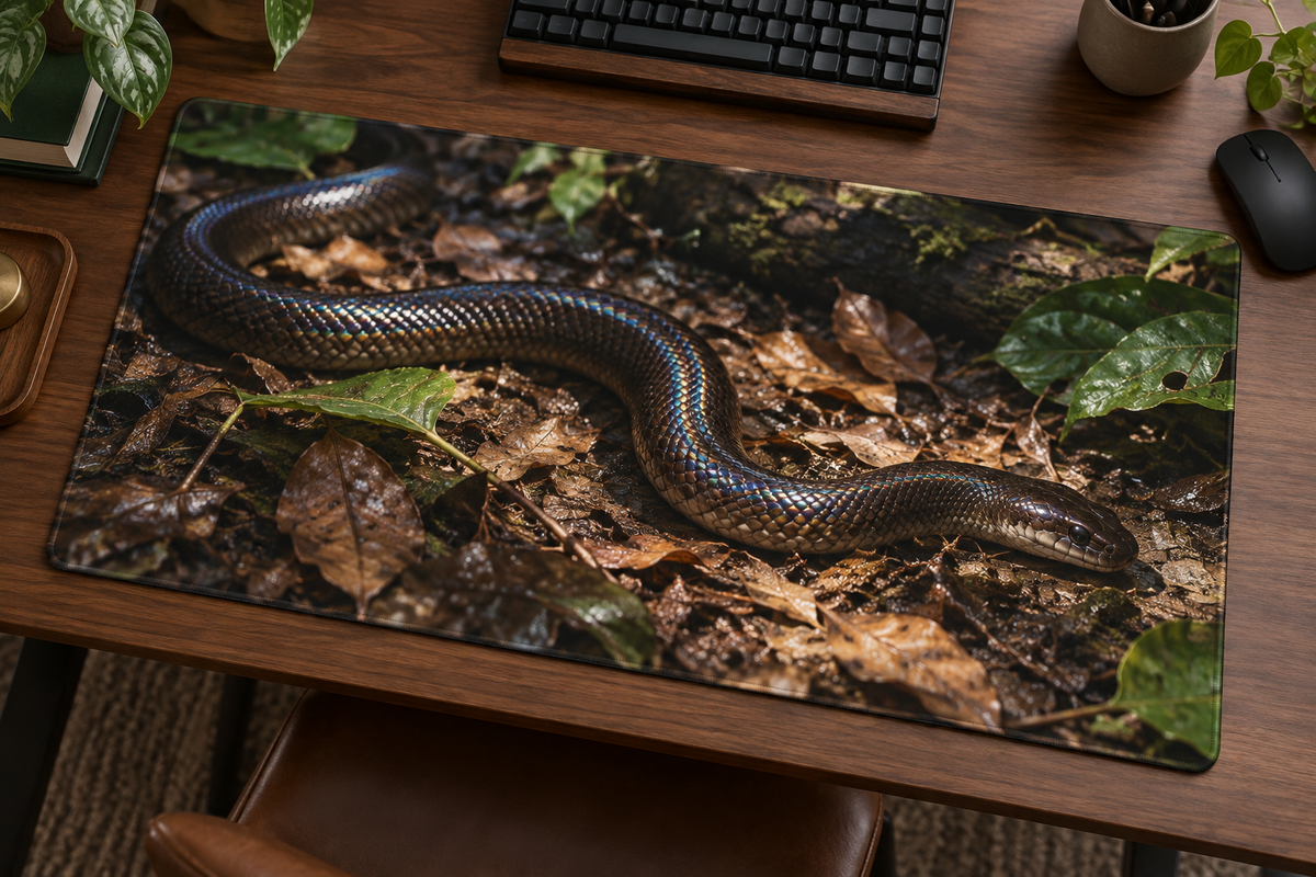 Dark sunbeam snake with iridescent-looking scales on forest leaf litter printed on a complete rectangular desk mat