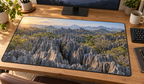 Jagged limestone needles and deep woodland fissures printed on a complete desk mat