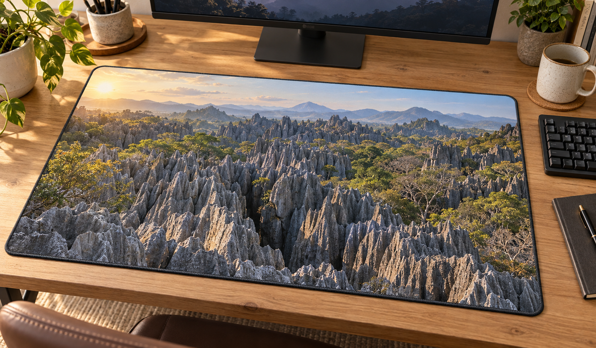 Jagged limestone needles and deep woodland fissures printed on a complete desk mat