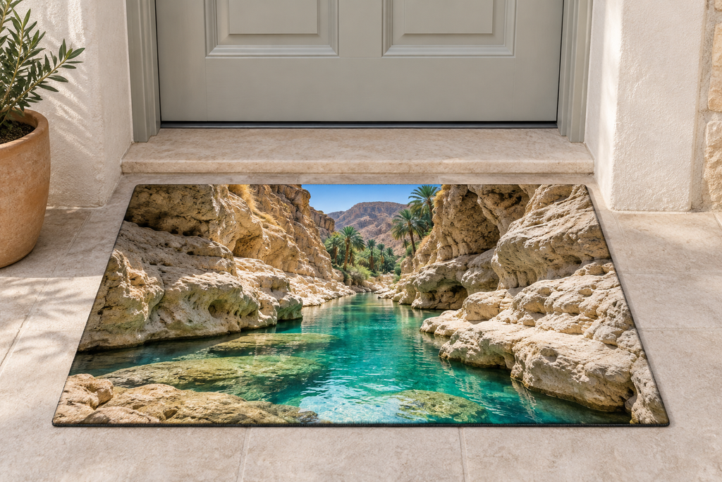 Turquoise pools between pale limestone cliffs and palms printed on a complete flat rectangular doormat