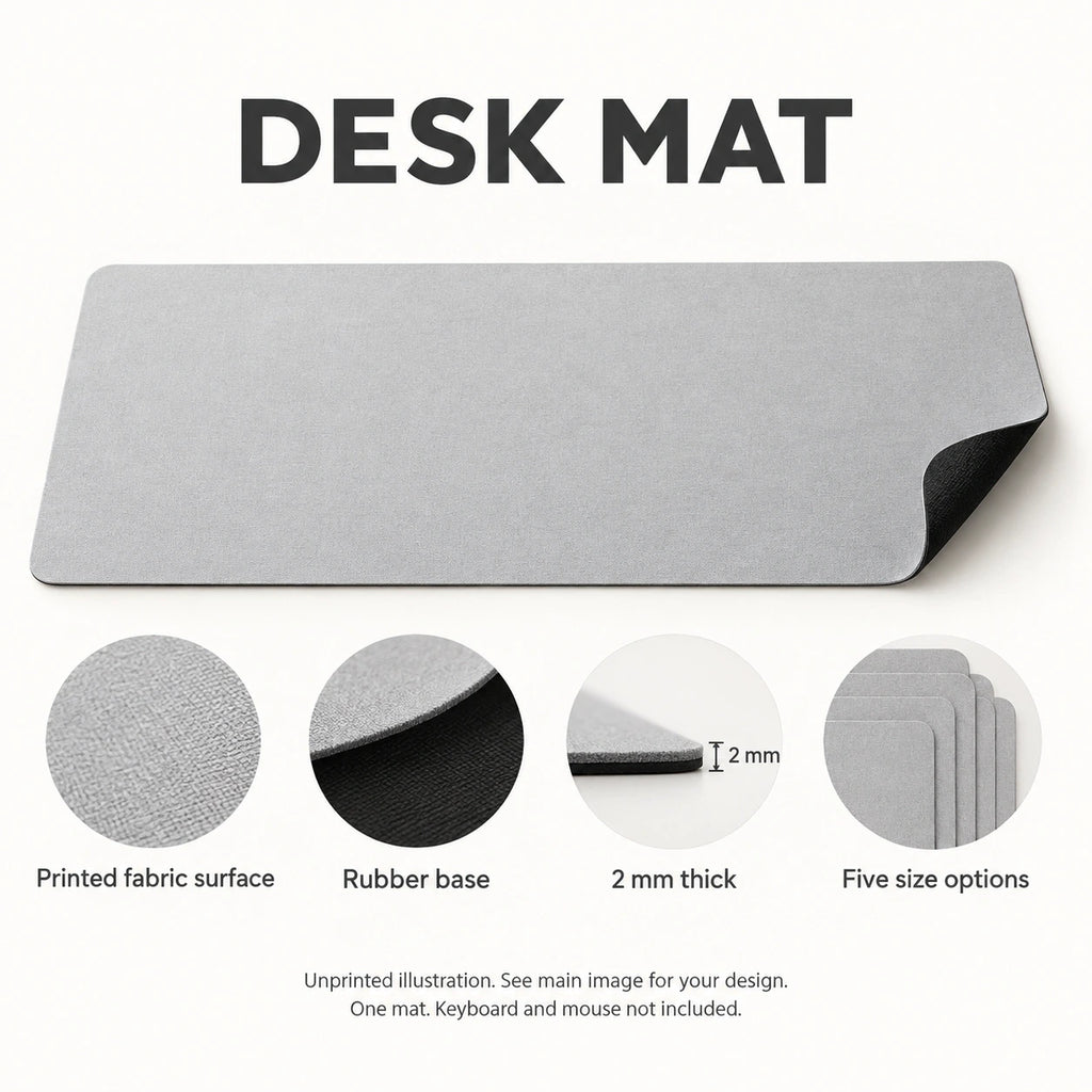 Desk Mat features guide: unprinted illustration; see main image for purchased design