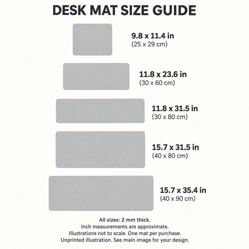 Desk Mat sizes guide: unprinted illustration; see main image for purchased design
