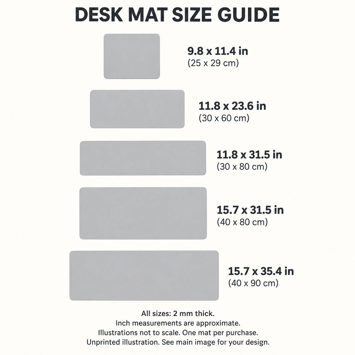 Desk Mat sizes guide: unprinted illustration; see main image for purchased design