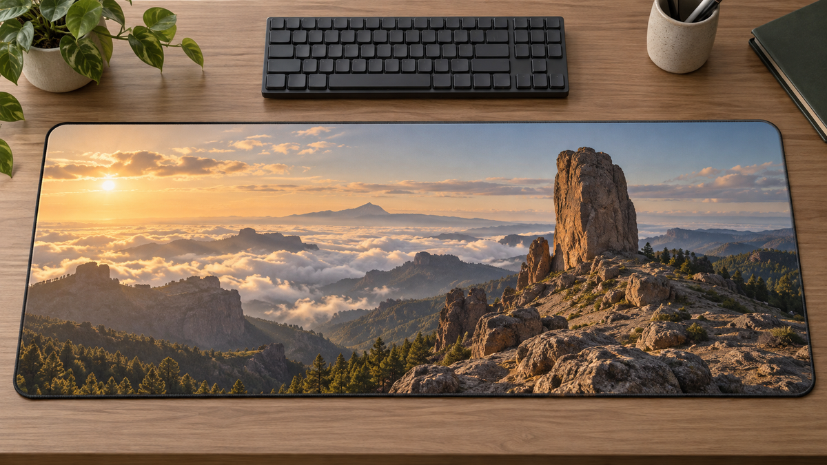 Volcanic monolith above deep cloud seas and mountain ridges printed on a complete desk mat