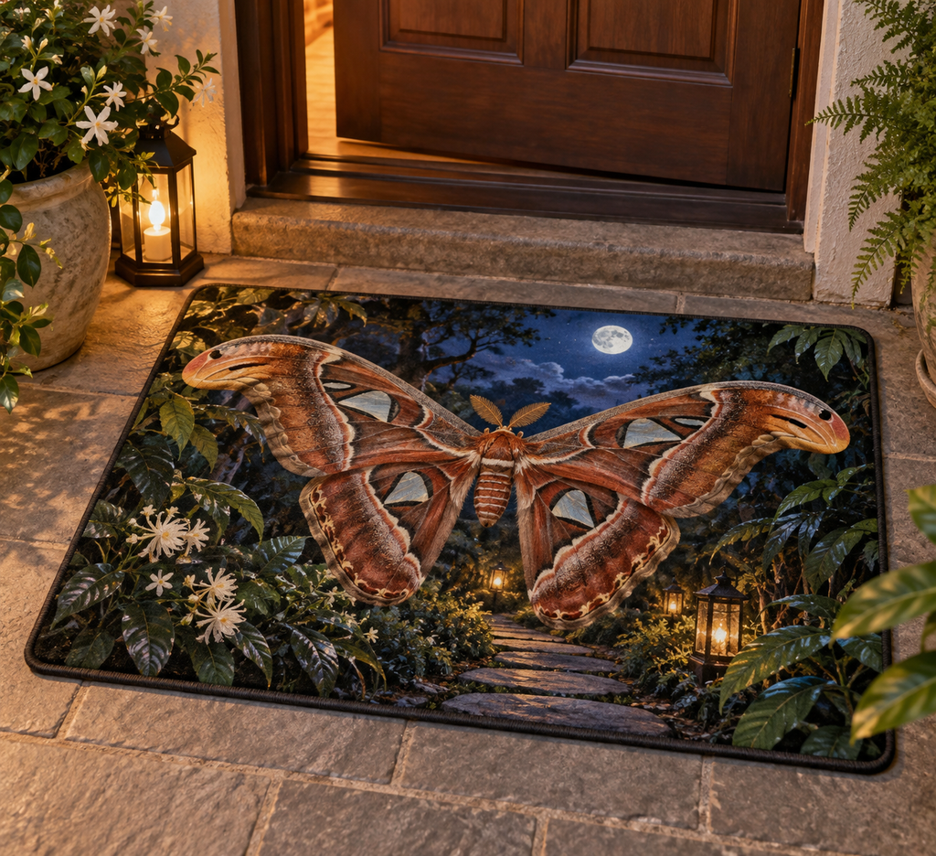 Rust-brown Atlas moth above a receding moonlit garden path printed on a flat rectangular doormat