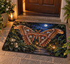 Rust-brown Atlas moth above a receding moonlit garden path printed on a flat rectangular doormat
