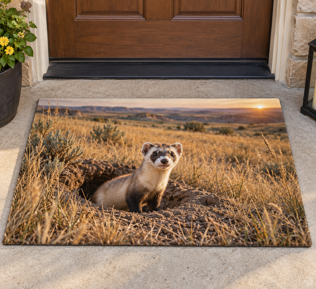 Masked black-footed ferret emerging from a prairie burrow in golden sunset grassland printed on a complete rectangular doormat
