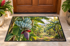 Silver-blue-green banana bunch and purple blossom beside a tropical grove path printed on a complete bordered doormat