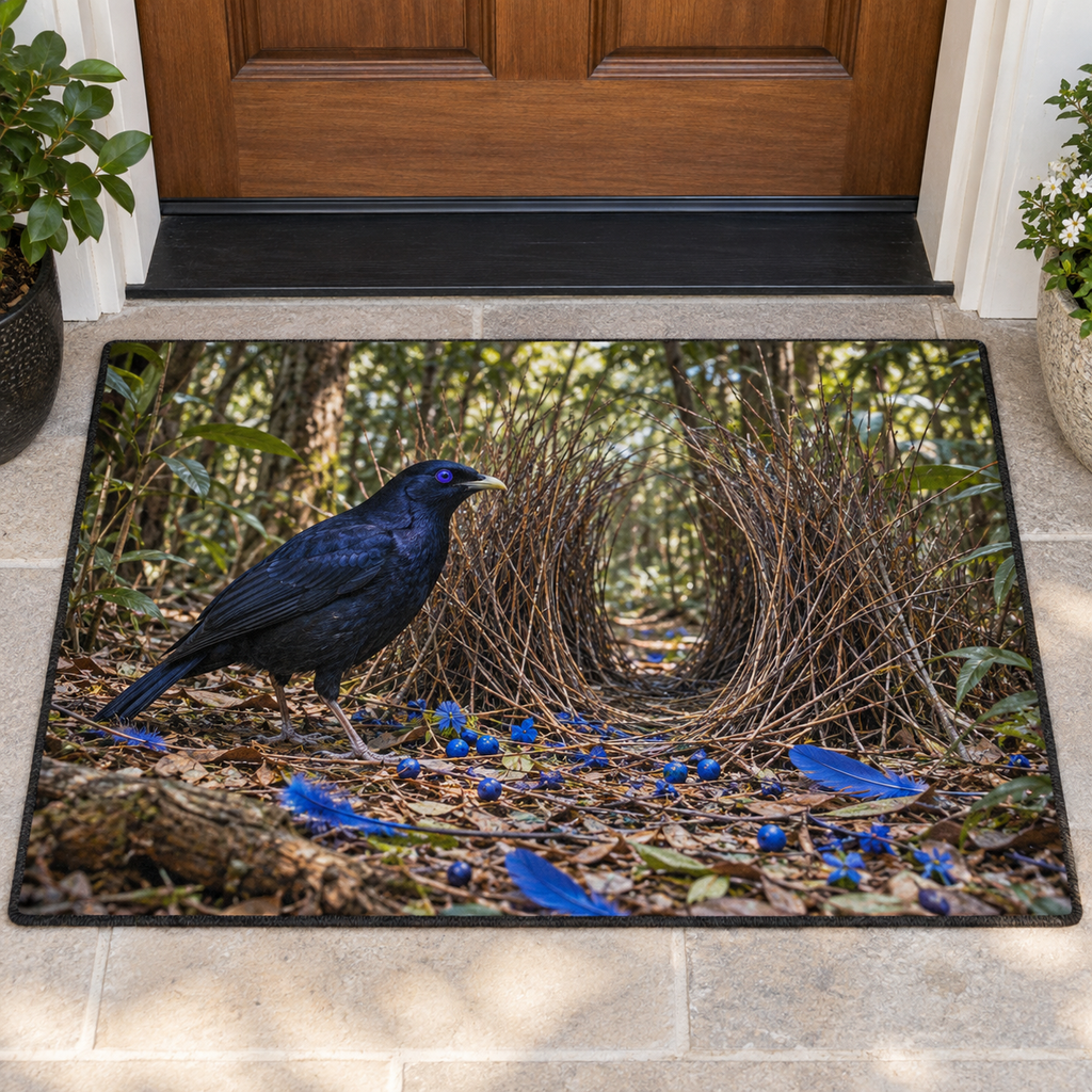 A blue-black satin bowerbird beside a twig avenue and blue decorations printed on a complete rectangular bound doormat