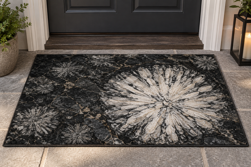 Pale radial chrysanthemum stone inspired mineral flowers in dark rock printed on a complete flat rectangular doormat