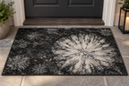 Pale radial chrysanthemum stone inspired mineral flowers in dark rock printed on a complete flat rectangular doormat