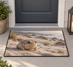Squat sand-colored desert rain frog among receding coastal dunes printed on a flat rectangular doormat