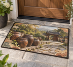 Onggi-inspired earthenware jars in a receding Korean stone courtyard printed on a flat rectangular doormat
