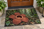 Spotted red Rafflesia flower among leaves and vines on a receding rainforest floor printed on a flat rectangular doormat