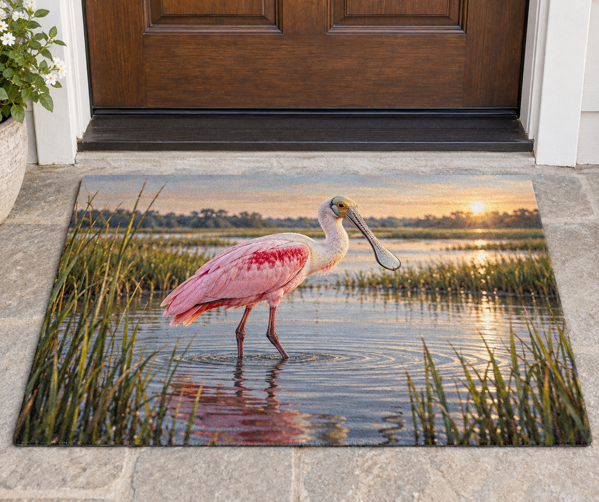 Pink roseate spoonbill wading through a receding sunset marsh printed on a flat rectangular doormat