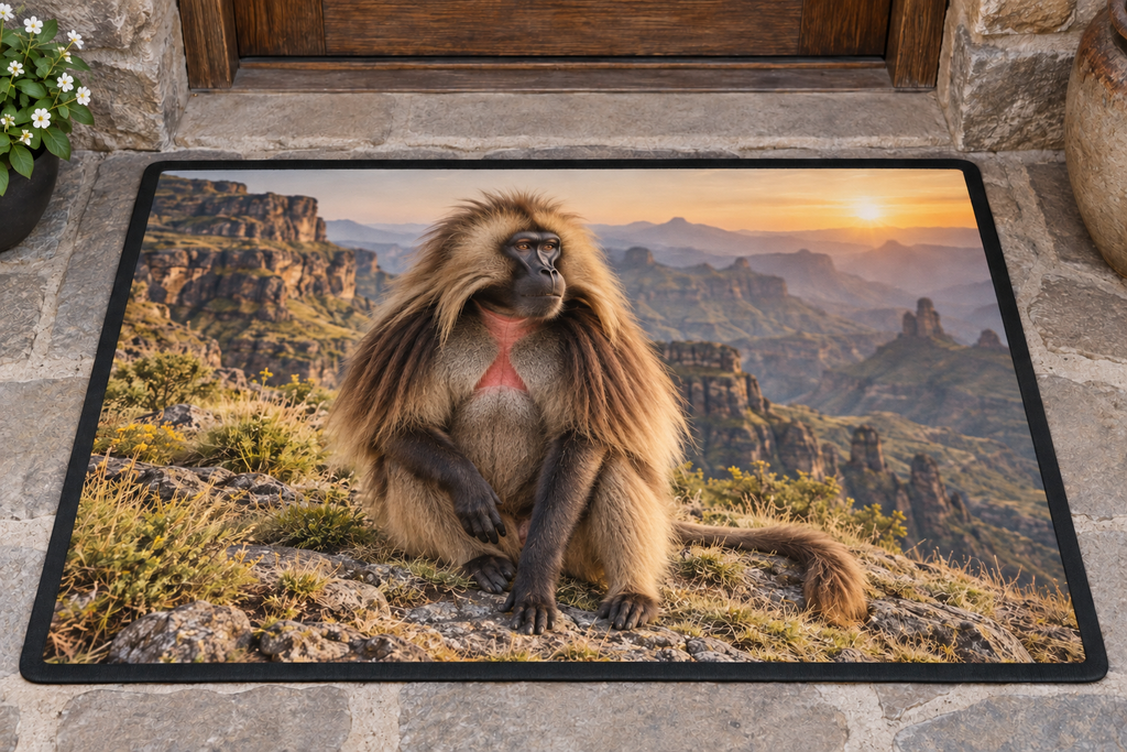 Seated male gelada before layered highland escarpments printed on a complete rubber-bordered doormat