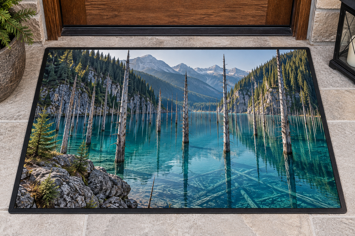 Submerged spruce forest in a turquoise mountain lake printed on a complete rubber-bordered doormat