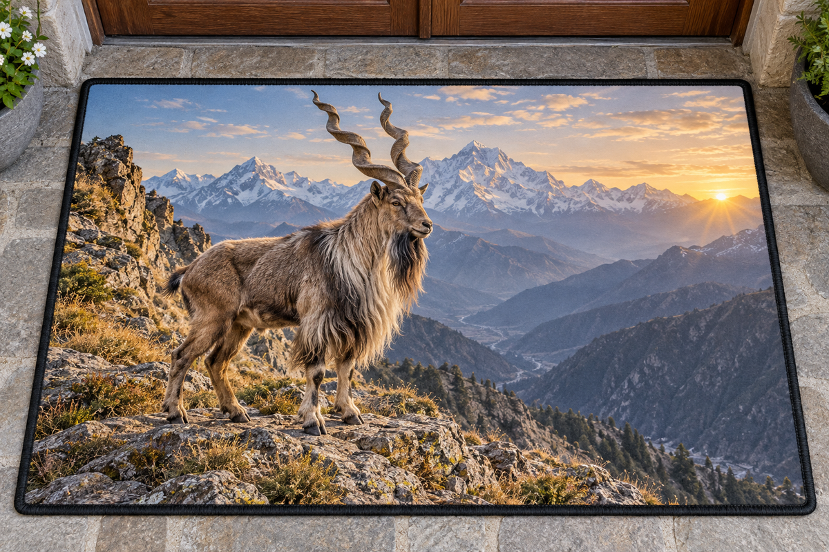 Shaggy markhor with spiral horns above a deep mountain valley printed on a complete rubber-bordered doormat