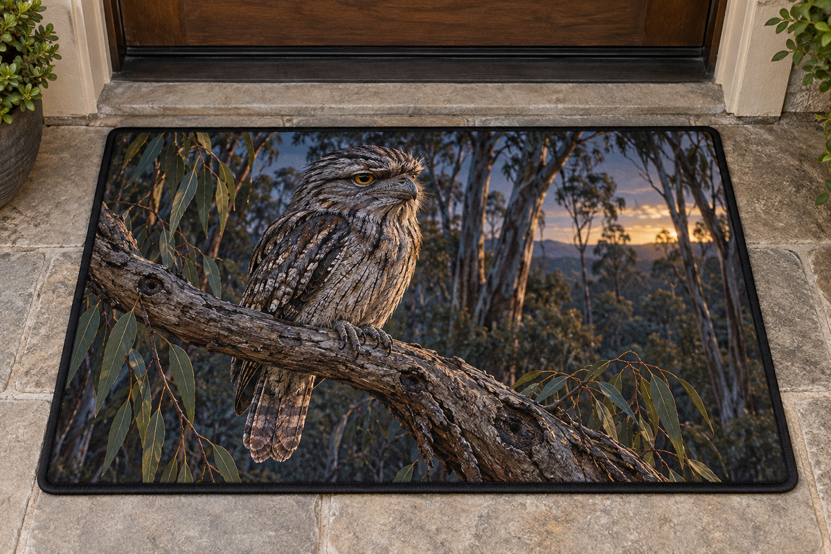 Tawny frogmouth on a eucalyptus branch before deep dusk woodland printed on a complete rubber-bordered doormat