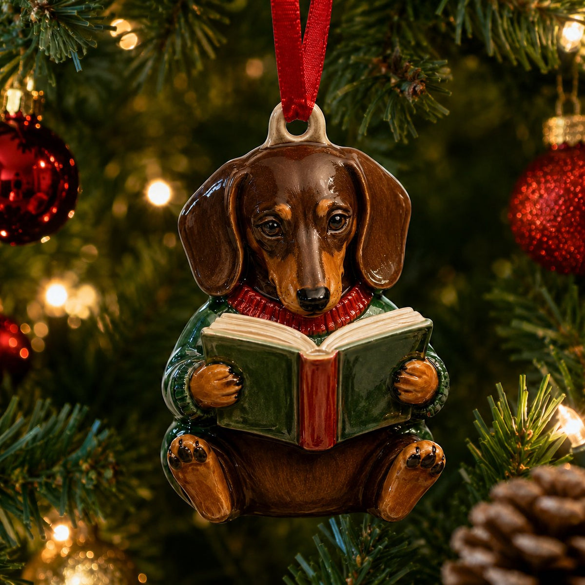 Dachshund Book Night Christmas Ornament