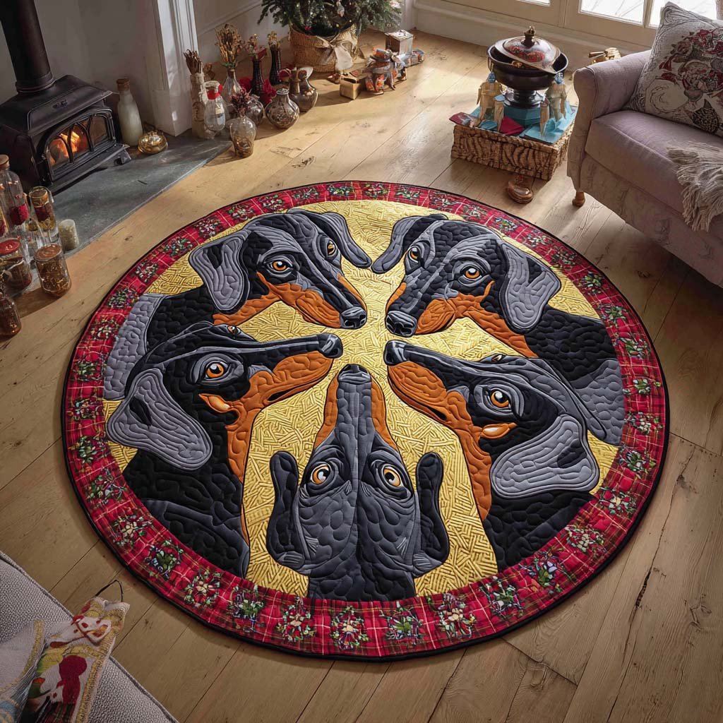 Dachshund Festive Circle Round Mat Rug - washable non-slip printed rug