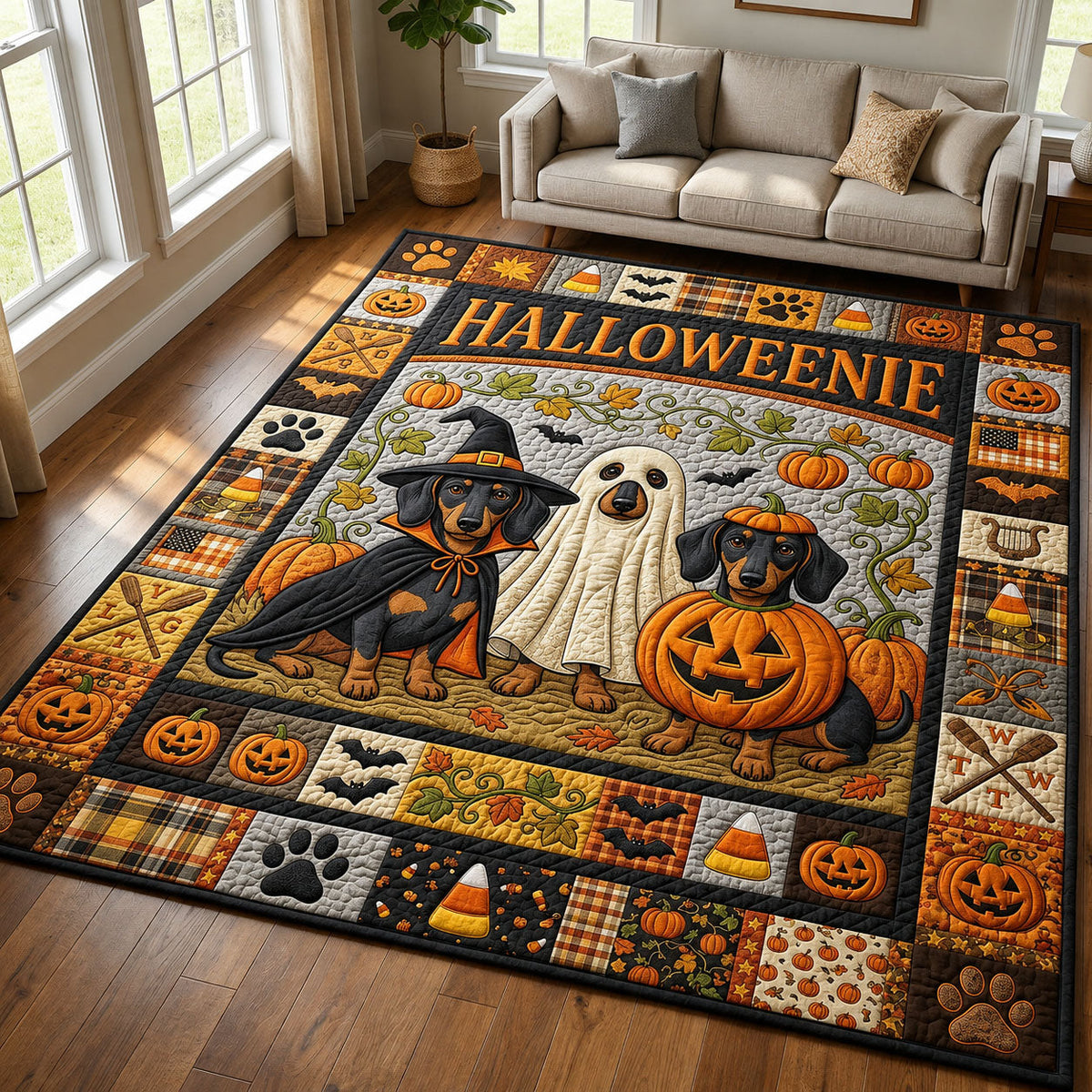 Dachshund Halloweenie area rug in a living room