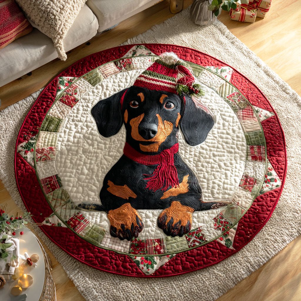Dachshund Noel Round Mat Rug - washable non-slip printed rug