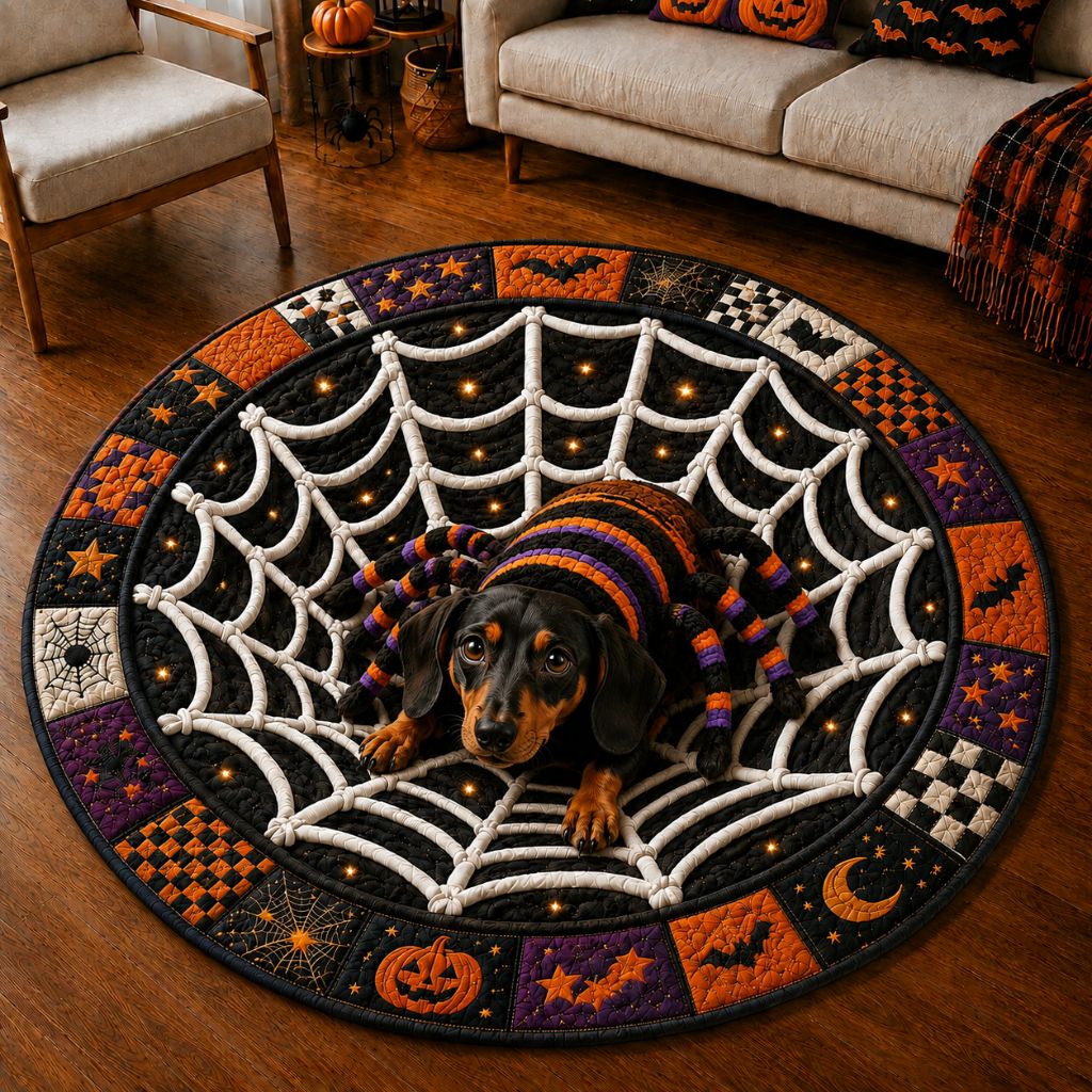 Dachshund Pumpkin Round Mat Rug - Seasonal Design | Festive Home Decor - washable non-slip printed rug