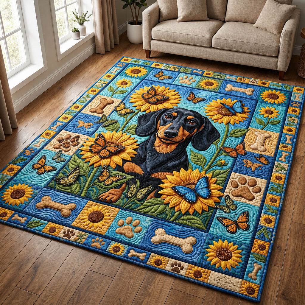 Dachshund Sunflower area rug in a living room