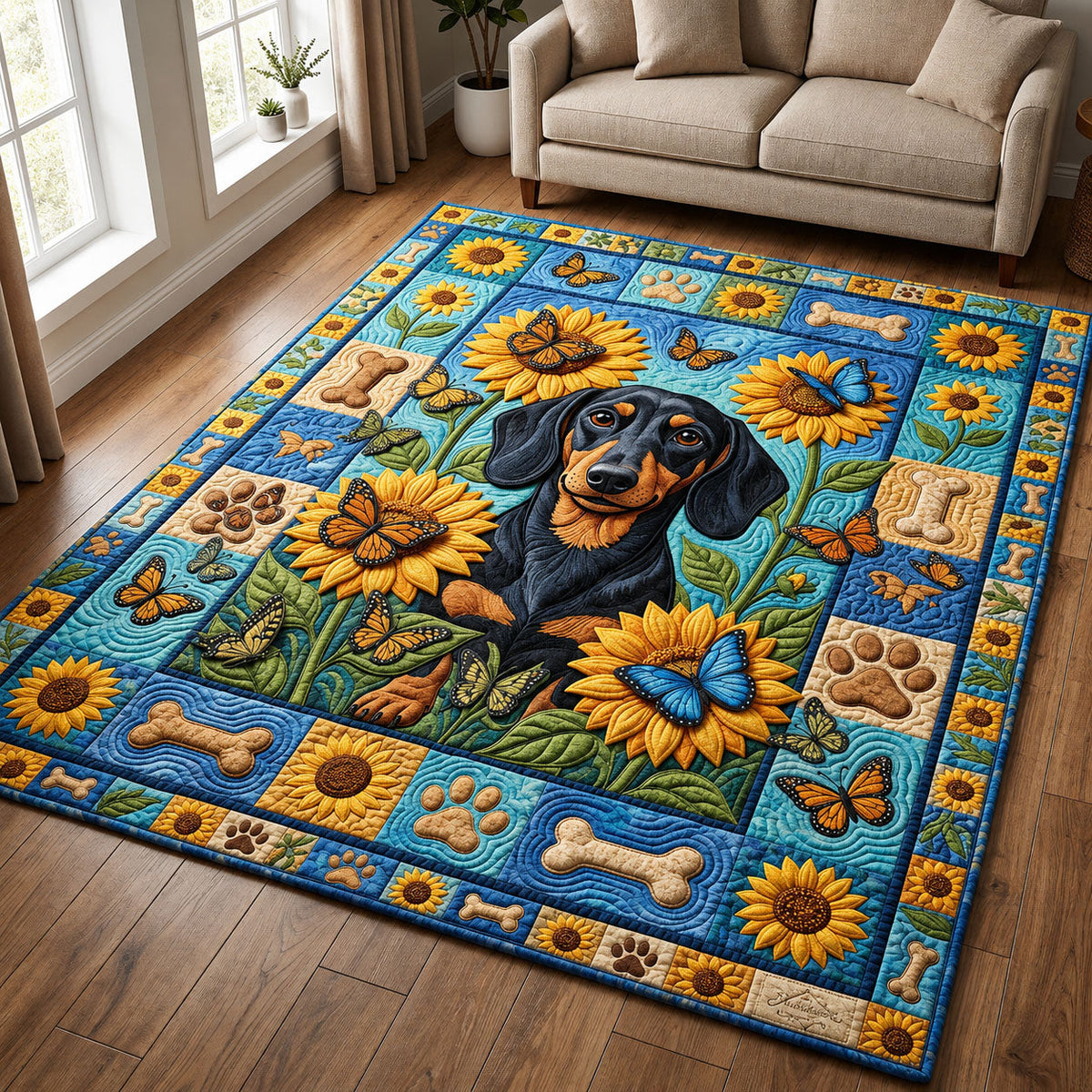 Dachshund Sunflower area rug in a living room