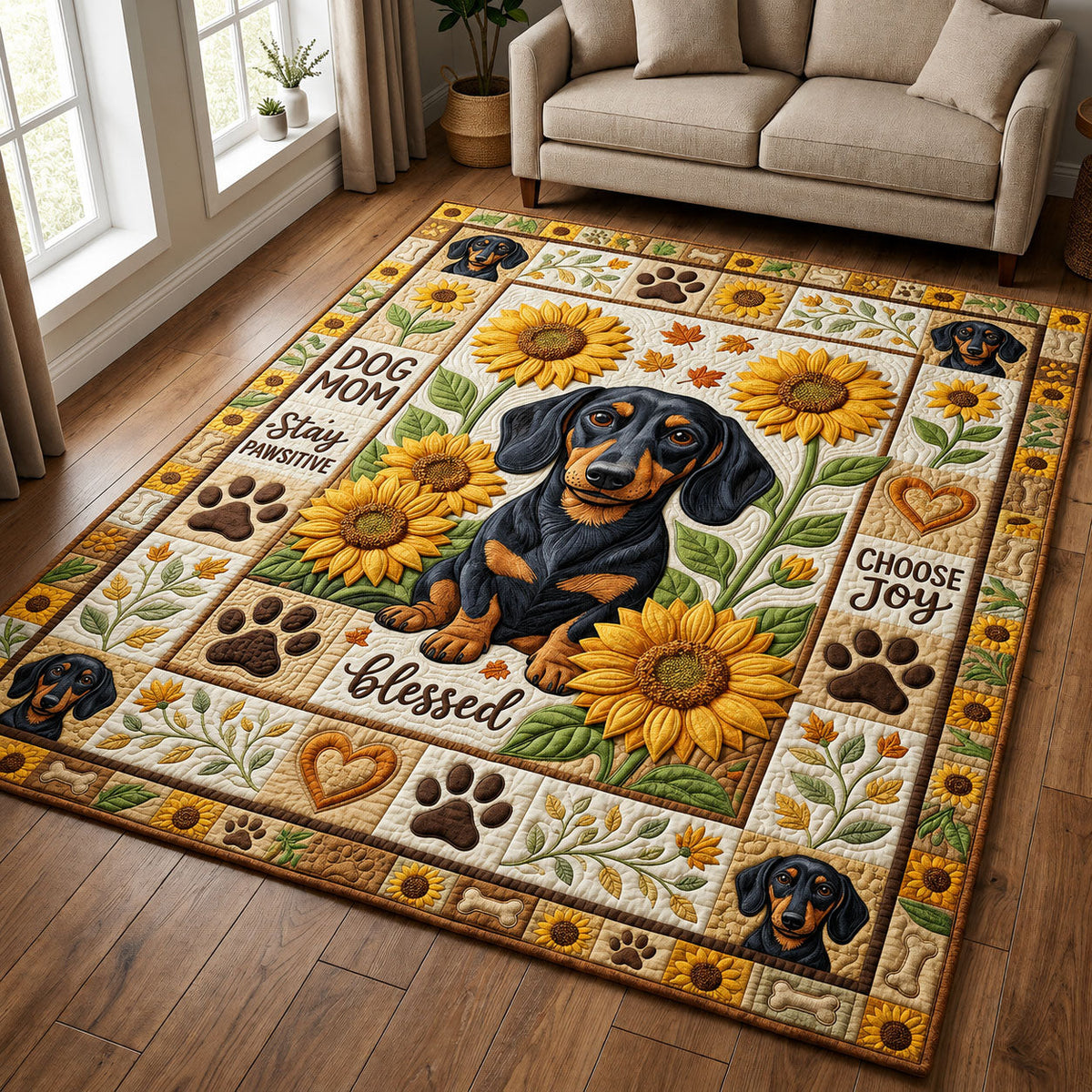 Dachshund Sunflower area rug in a living room
