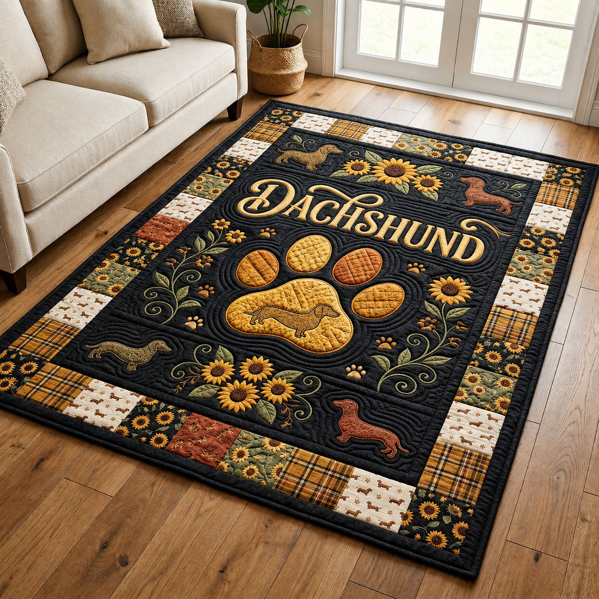 Dachshund Sunflower area rug in a living room