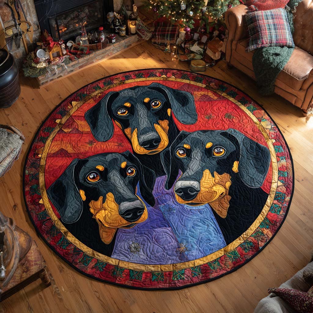 Dachshund Yuletide Trio Christmas Round Mat Rug - washable non-slip printed rug