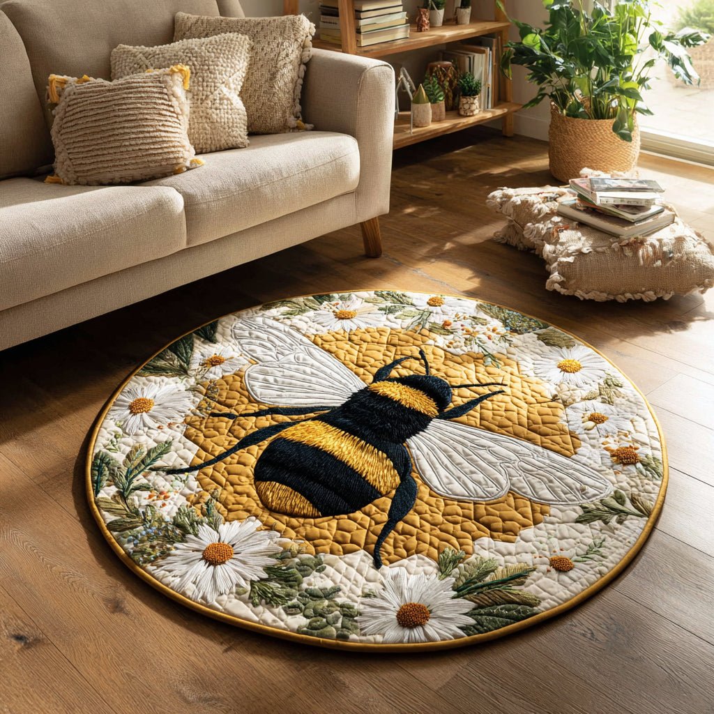 Daisy Bee Round Mat Rug - washable non-slip printed rug