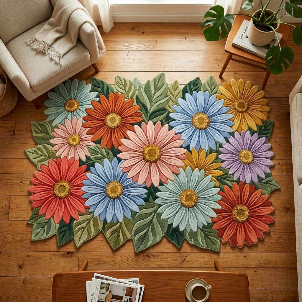 Daisy Bloom Custom Shape Area Rug - Nature Design | Die-Cut Non-Slip Rug - washable non-slip printed rug