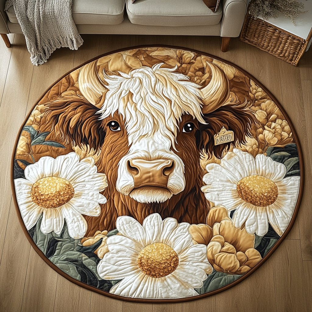 Daisy Cow Round Mat Rug - washable non-slip printed rug