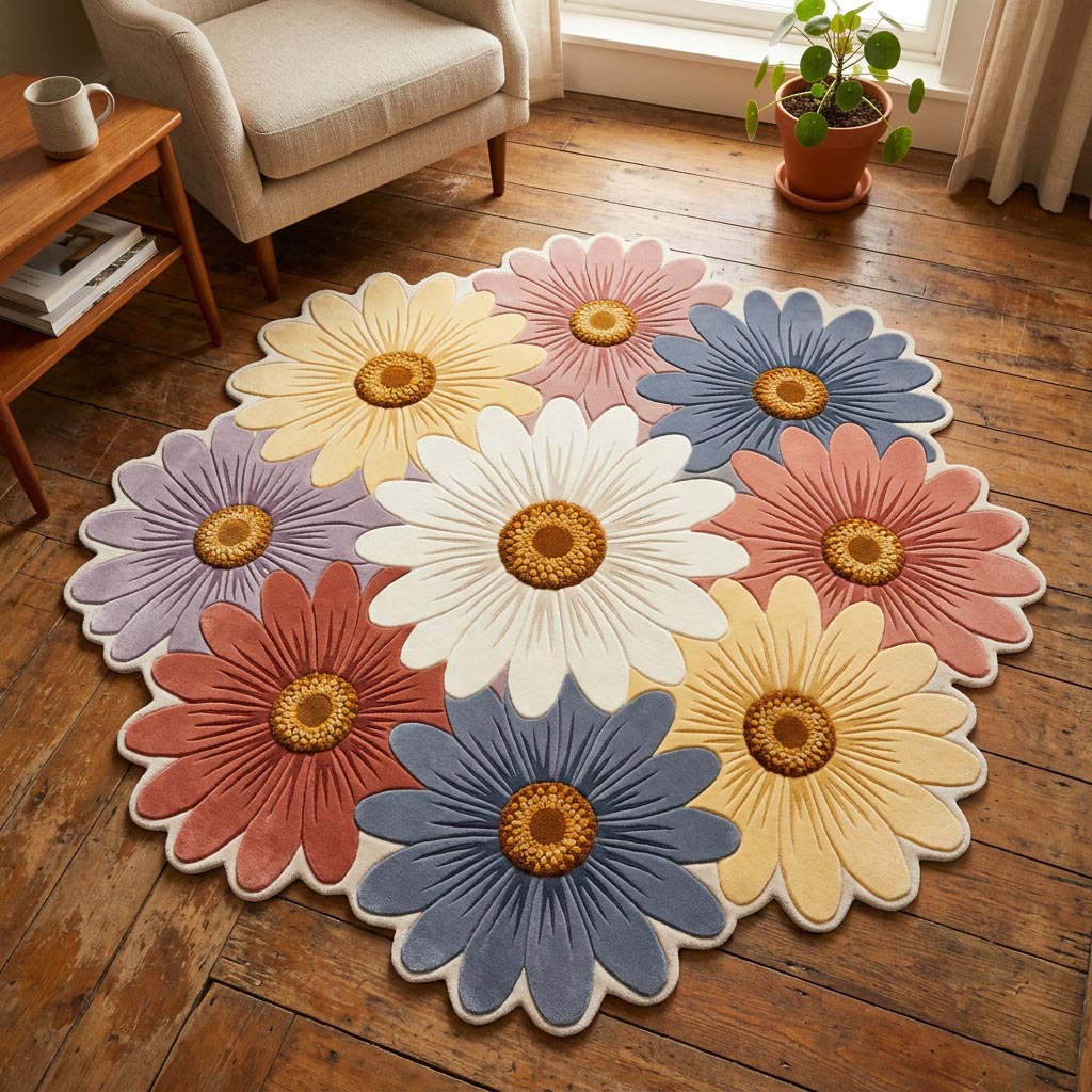 Daisy Fields Custom Shape Area Rug - Nature Design | Die-Cut Non-Slip Rug - washable non-slip printed rug