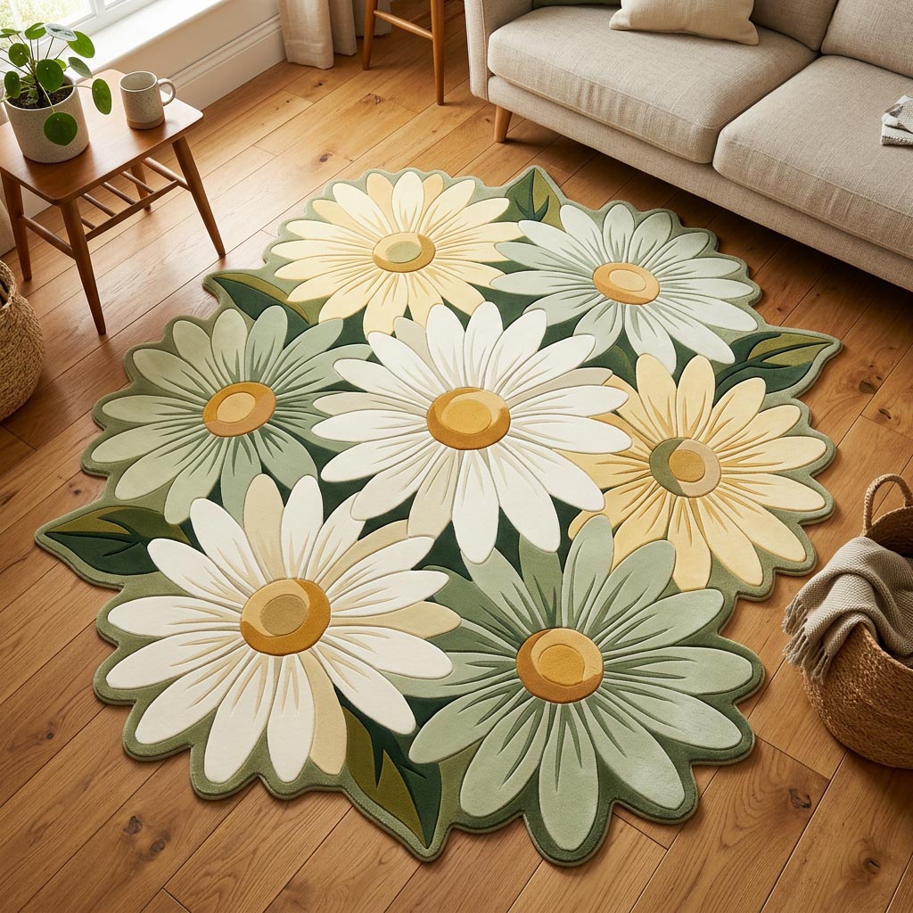 Daisy Garden Custom Shape Area Rug - Nature Design | Die-Cut Non-Slip Rug - washable non-slip printed rug