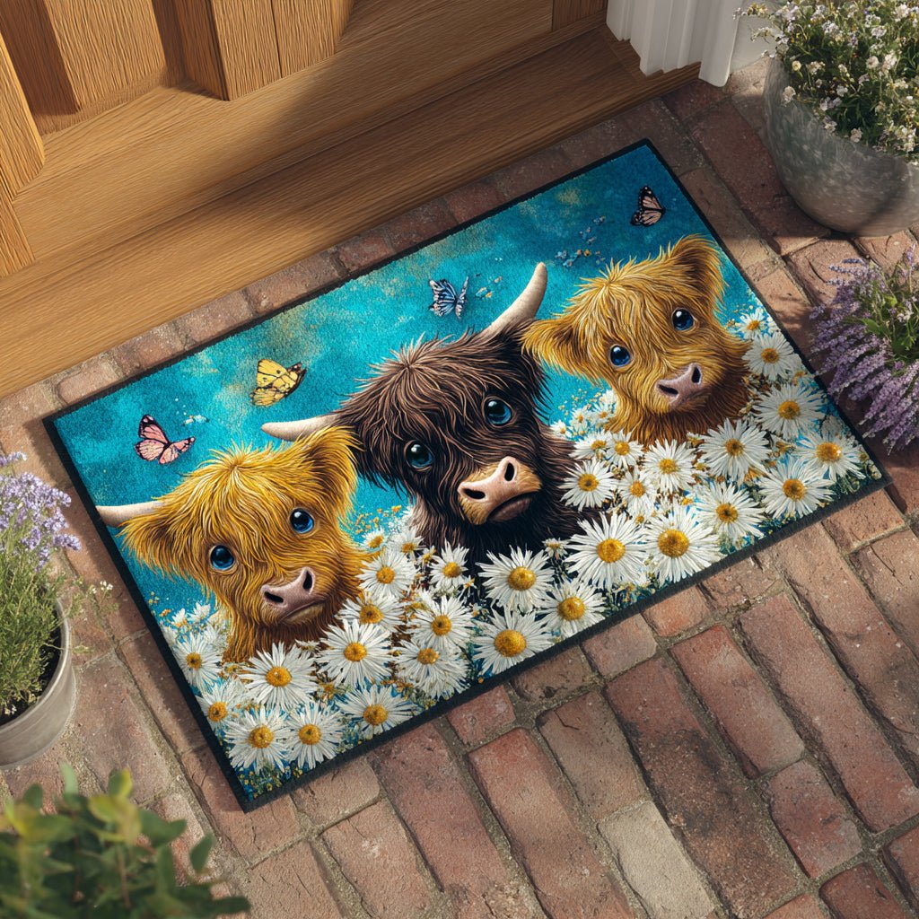 Daisy Highland Cows Doormat - Nature Design | Printed Welcome Doormat