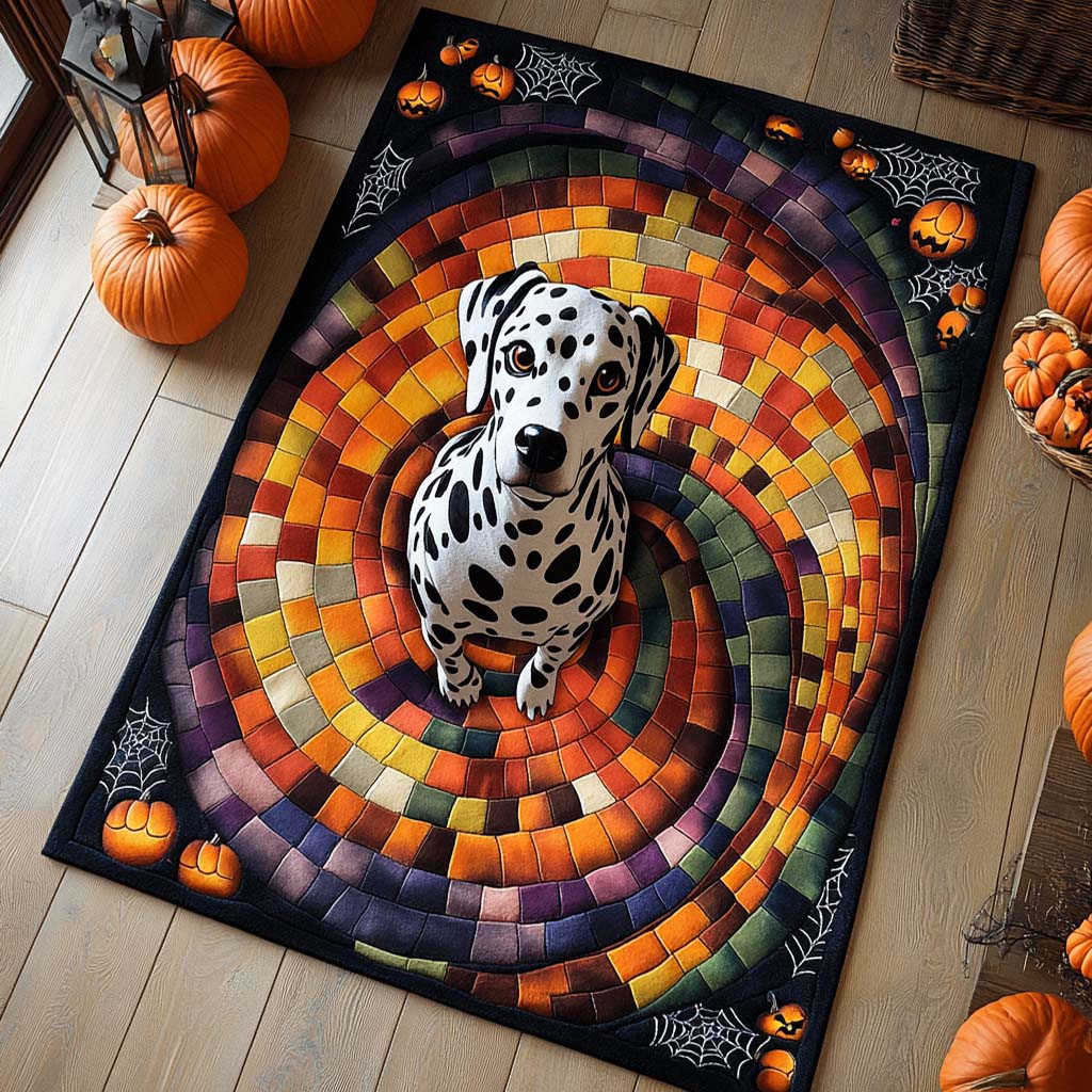 Dalmatian Pumpkin Spiral area rug in a living room