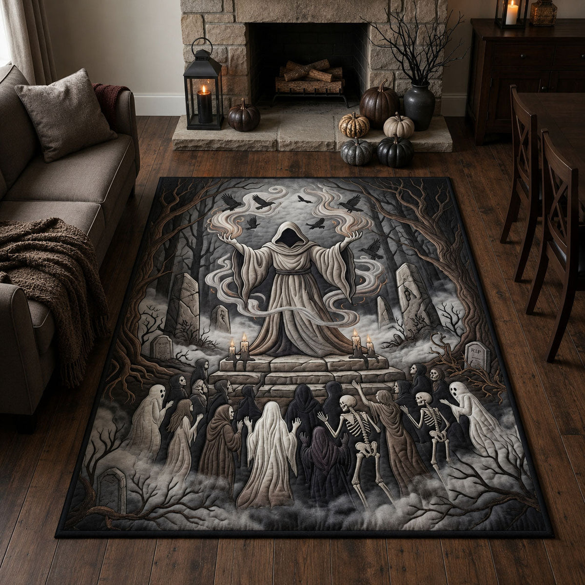 Danse Du Sabbat area rug in a living room