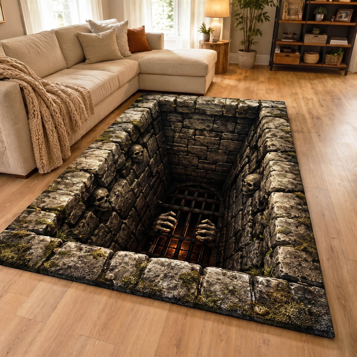Dark Descent area rug in a living room