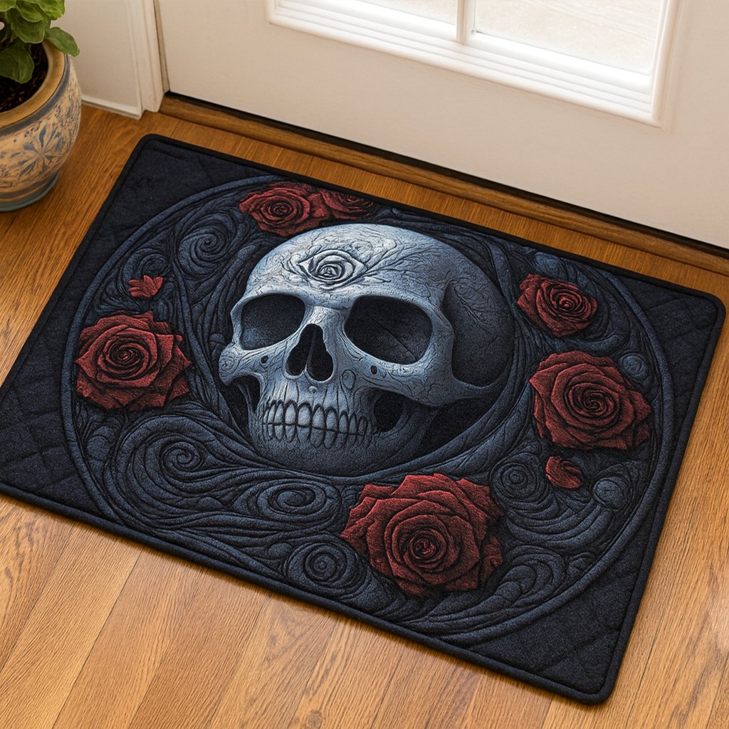 Dark Rose Skull Doormat - Seasonal Holiday Design | Printed Welcome Doormat
