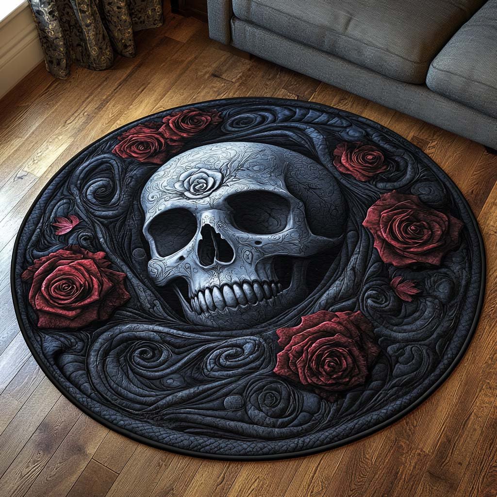 Dark Rose Skull Round Mat Rug - washable non-slip printed rug