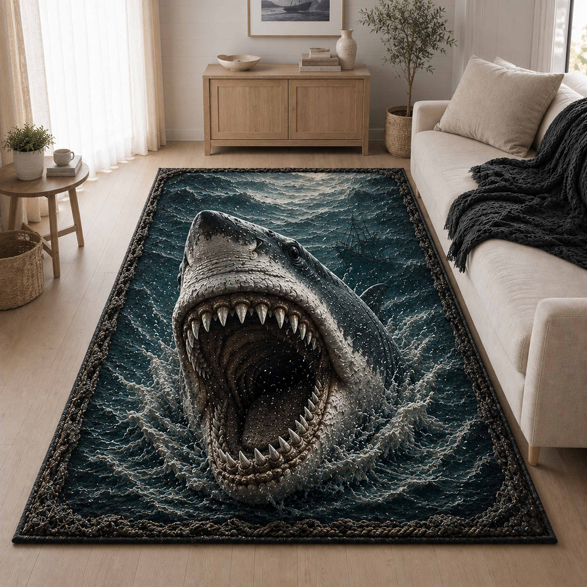 Dark Undertow area rug in a living room