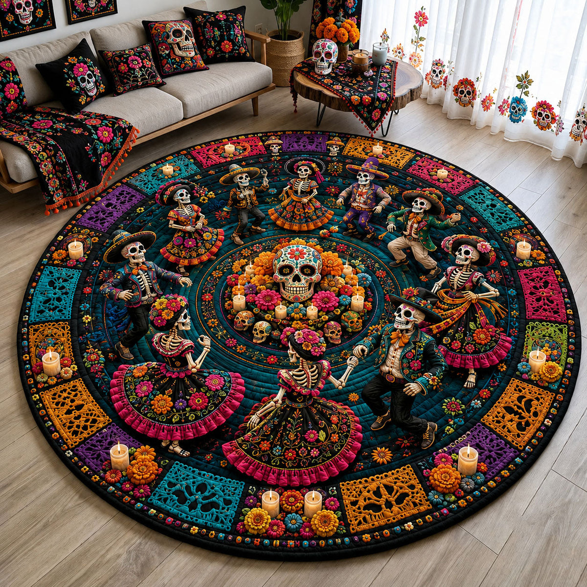 Day Of The Dead Dance Round Mat Rug - Nature Design | Serene Home Decor - washable non-slip printed rug