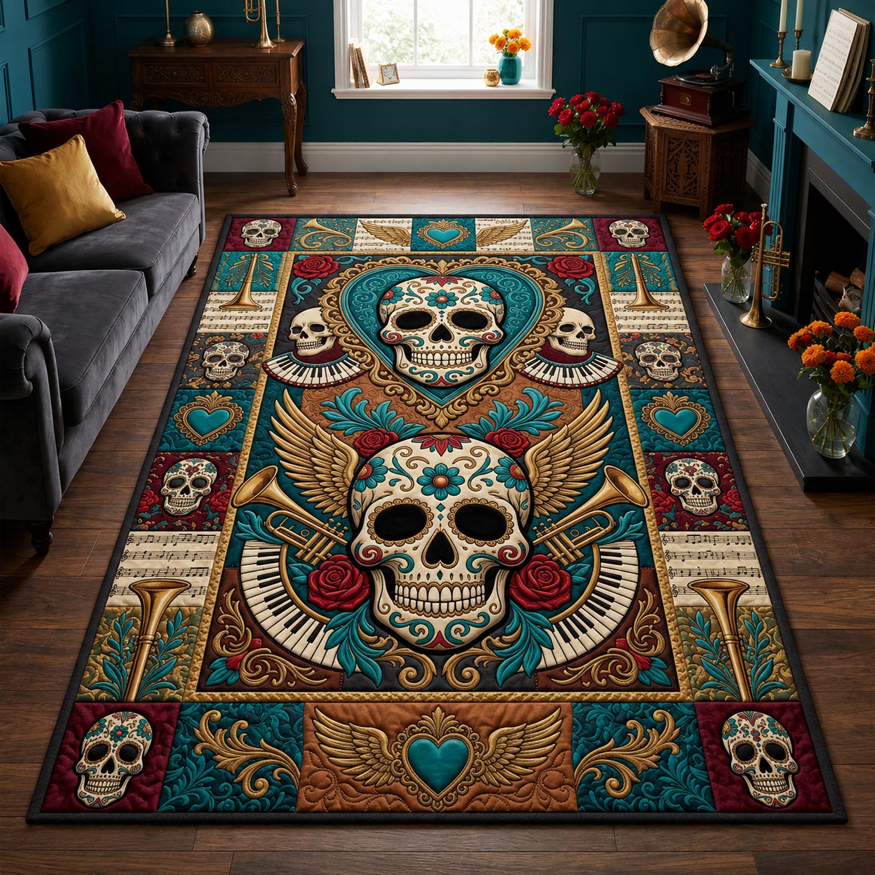 Day Of The Dead Floral Sugar Skull area rug in a living room